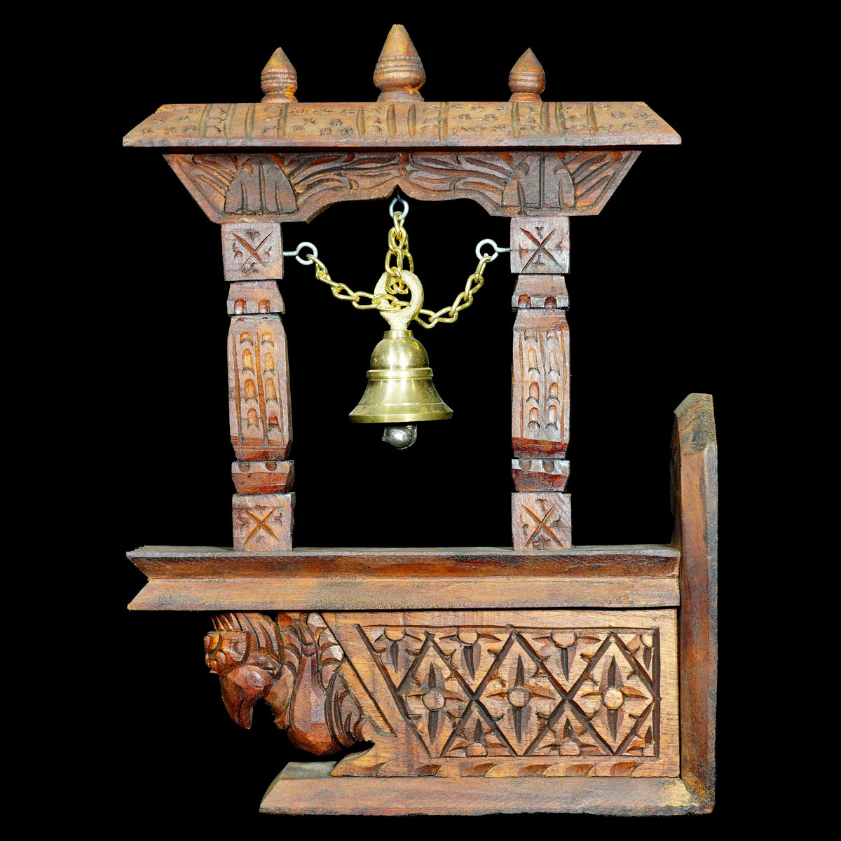 Sacred Wooden Temple Bell Stand with Brass Bell